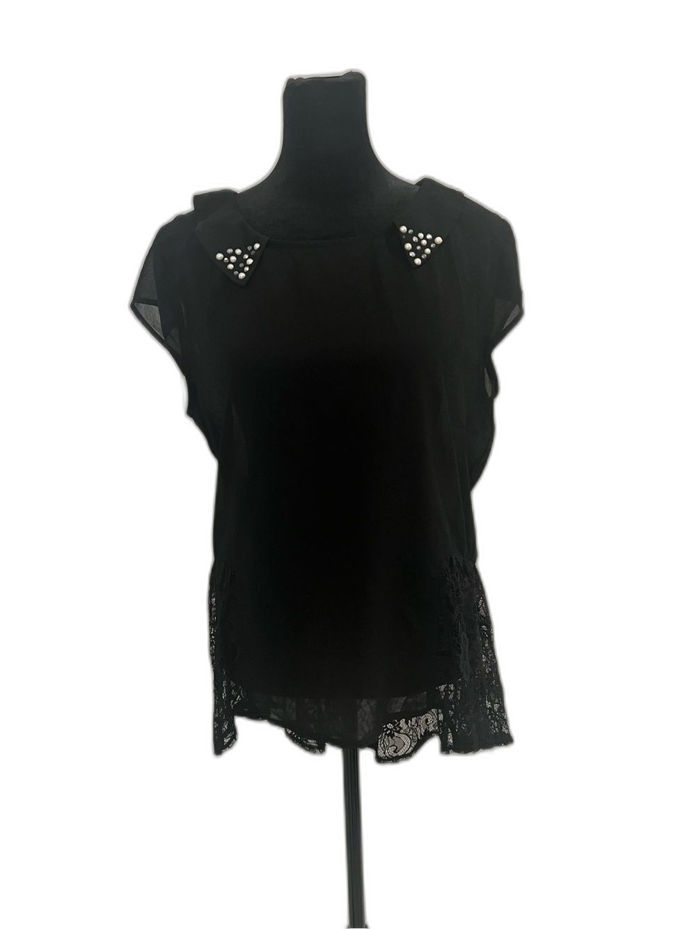 MINK Black Sheer Lace Peplum Blouse Embellished Collar XL